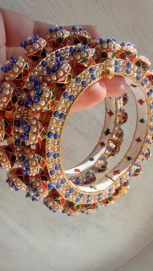 Blue Pearl Rajwadi Pachali Kada Pair | Gold Kundan Bridal Bangles | Emerald Jadau Rajwadi Kada | Indian Wedding Jewelry | Sold as Pair
