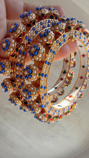 Blue Pearl Rajwadi Pachali Kada Pair | Gold Kundan Bridal Bangles | Emerald Jadau Rajwadi Kada | Indian Wedding Jewelry | Sold as Pair