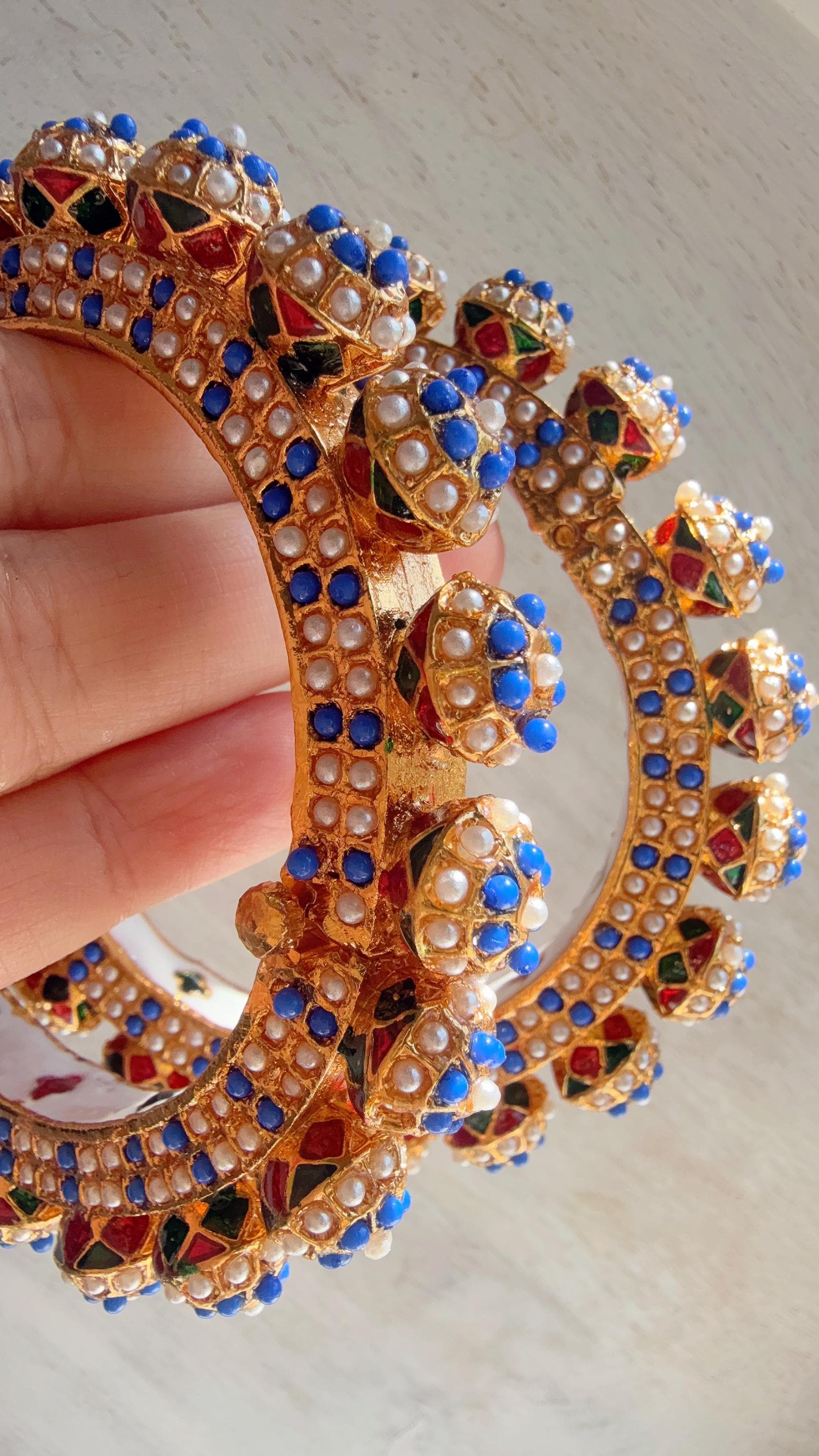 Blue Pearl Rajwadi Pachali Kada Pair | Gold Kundan Bridal Bangles | Emerald Jadau Rajwadi Kada | Indian Wedding Jewelry | Sold as Pair