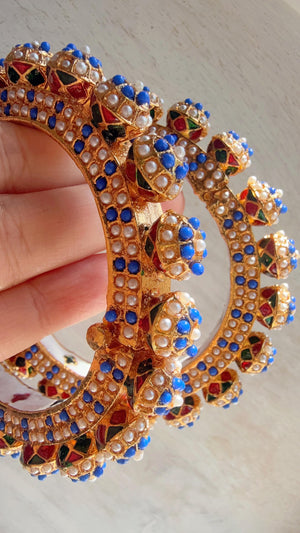 Blue Pearl Rajwadi Pachali Kada Pair | Gold Kundan Bridal Bangles | Emerald Jadau Rajwadi Kada | Indian Wedding Jewelry | Sold as Pair