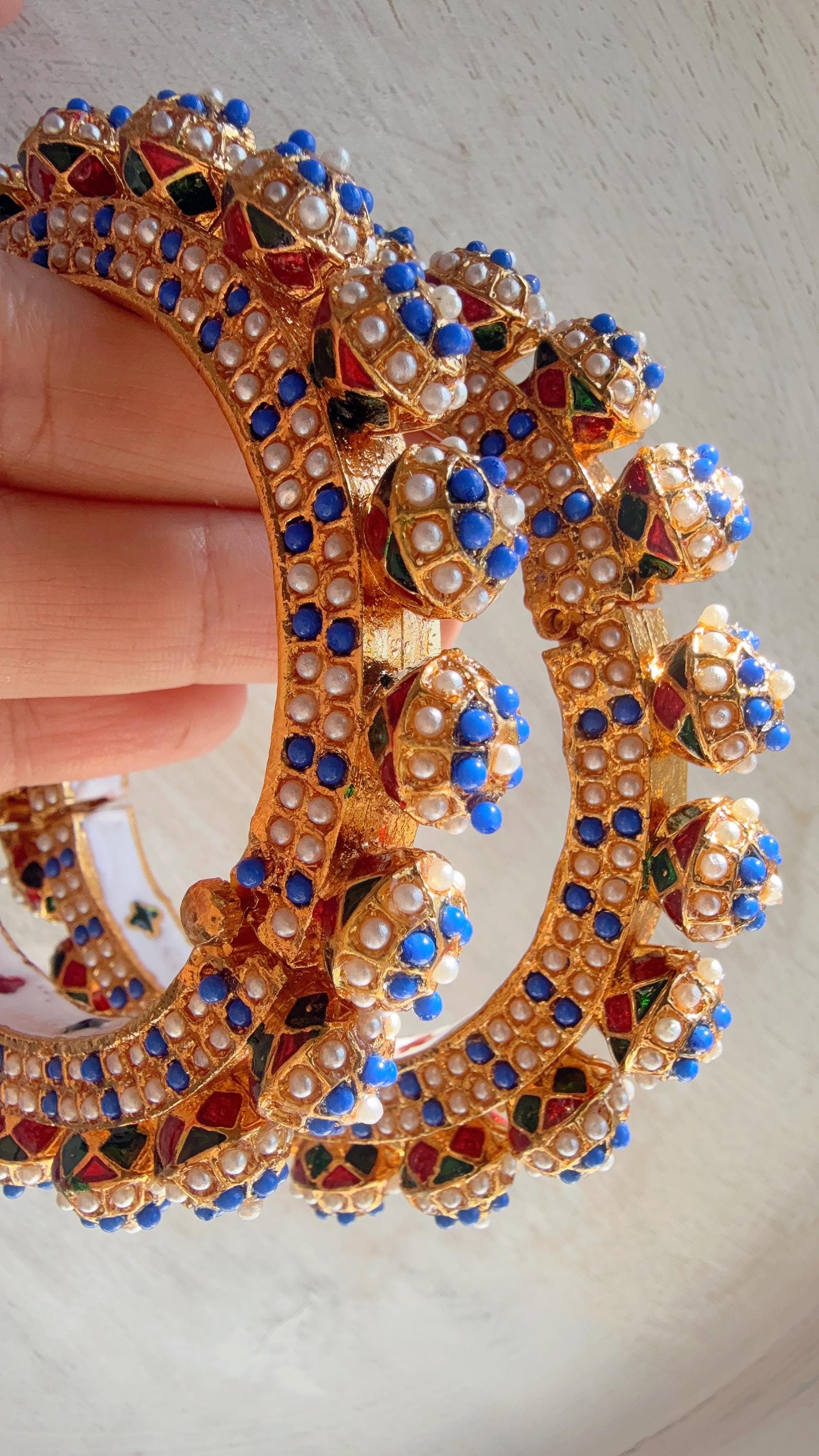 Blue Pearl Rajwadi Pachali Kada Pair | Gold Kundan Bridal Bangles | Emerald Jadau Rajwadi Kada | Indian Wedding Jewelry | Sold as Pair