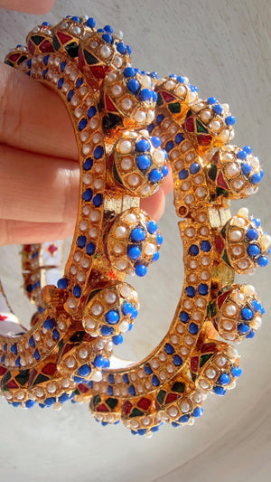 Blue Pearl Rajwadi Pachali Kada Pair | Gold Kundan Bridal Bangles | Emerald Jadau Rajwadi Kada | Indian Wedding Jewelry | Sold as Pair