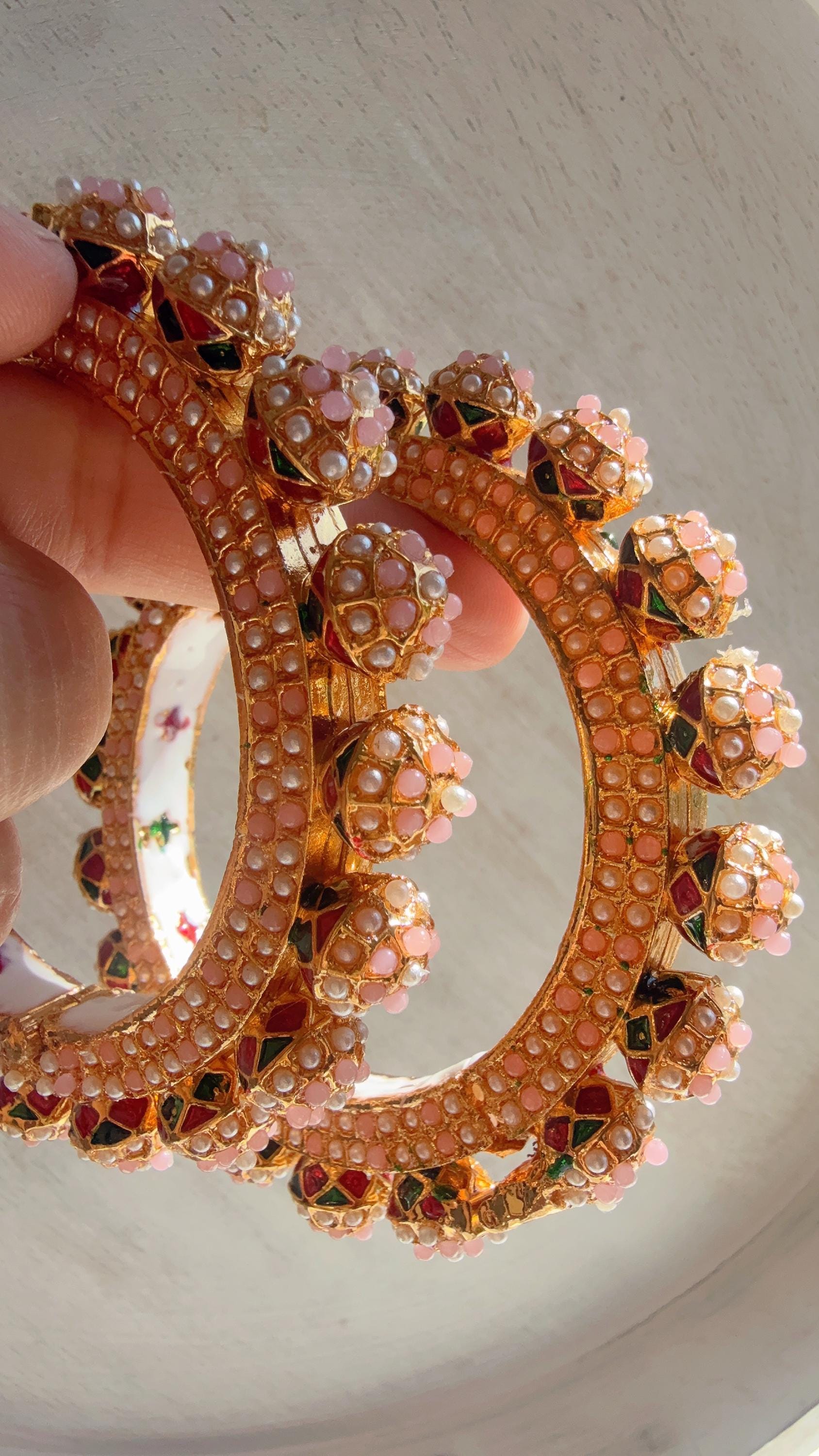 Baby Pink Pearl Rajwadi Pachali Kada Pair | Gold Kundan Bridal Bangles | Emerald Jadau Rajwadi Kada | Indian Wedding Jewelry | Sold As Pair