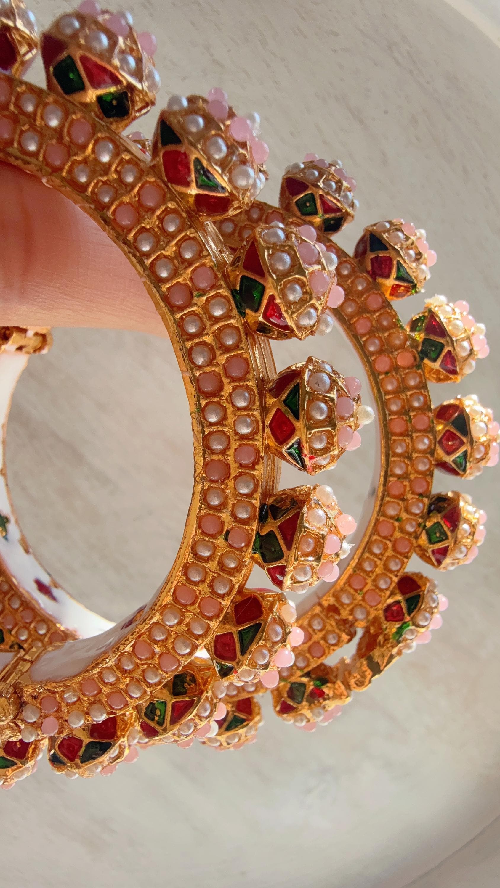 Baby Pink Pearl Rajwadi Pachali Kada Pair | Gold Kundan Bridal Bangles | Emerald Jadau Rajwadi Kada | Indian Wedding Jewelry | Sold As Pair