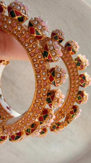 Baby Pink Pearl Rajwadi Pachali Kada Pair | Gold Kundan Bridal Bangles | Emerald Jadau Rajwadi Kada | Indian Wedding Jewelry | Sold As Pair
