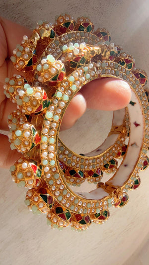 Mint Pearl Rajwadi Pachali Kada Pair | Gold Kundan Bridal Bangles | Emerald Jadau Rajwadi Kada | Indian Wedding Jewelry | Sold as Pair