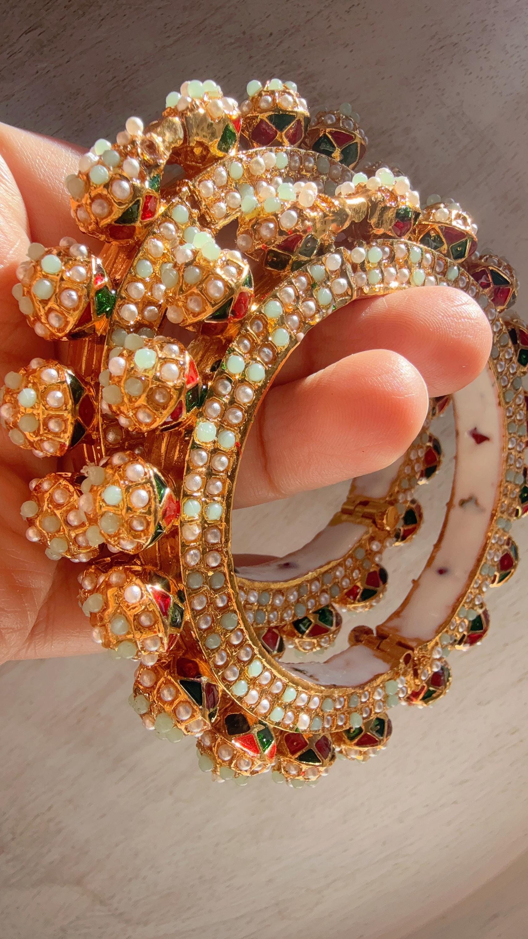Mint Pearl Rajwadi Pachali Kada Pair | Gold Kundan Bridal Bangles | Emerald Jadau Rajwadi Kada | Indian Wedding Jewelry | Sold as Pair
