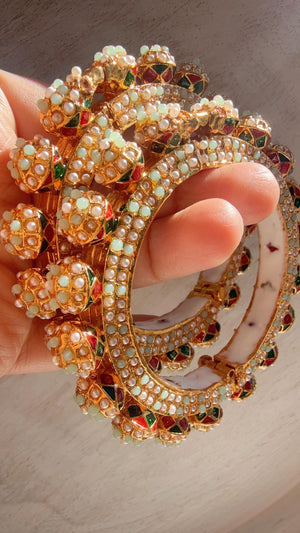 Mint Pearl Rajwadi Pachali Kada Pair | Gold Kundan Bridal Bangles | Emerald Jadau Rajwadi Kada | Indian Wedding Jewelry | Sold as Pair