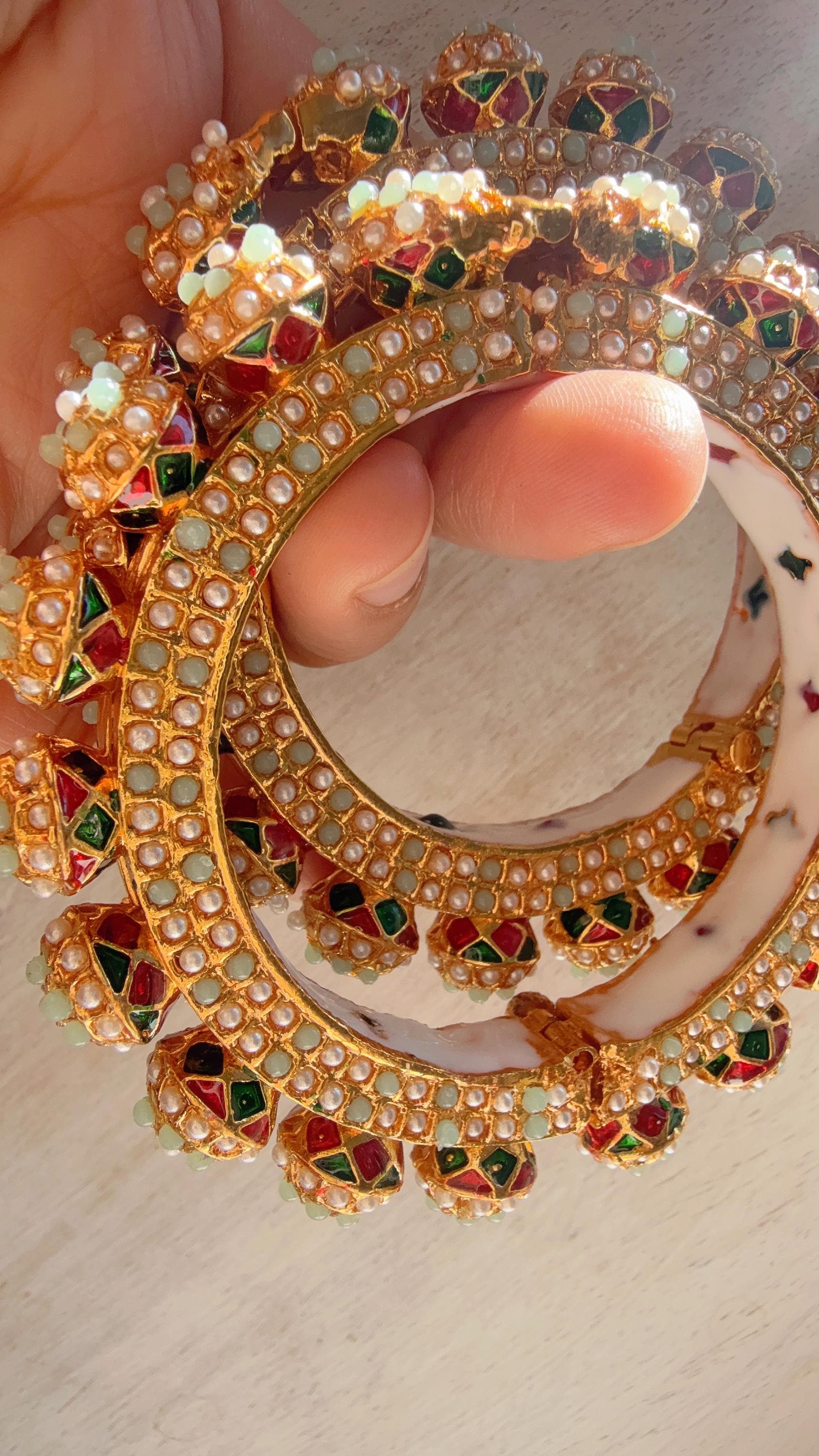 Mint Pearl Rajwadi Pachali Kada Pair | Gold Kundan Bridal Bangles | Emerald Jadau Rajwadi Kada | Indian Wedding Jewelry | Sold as Pair