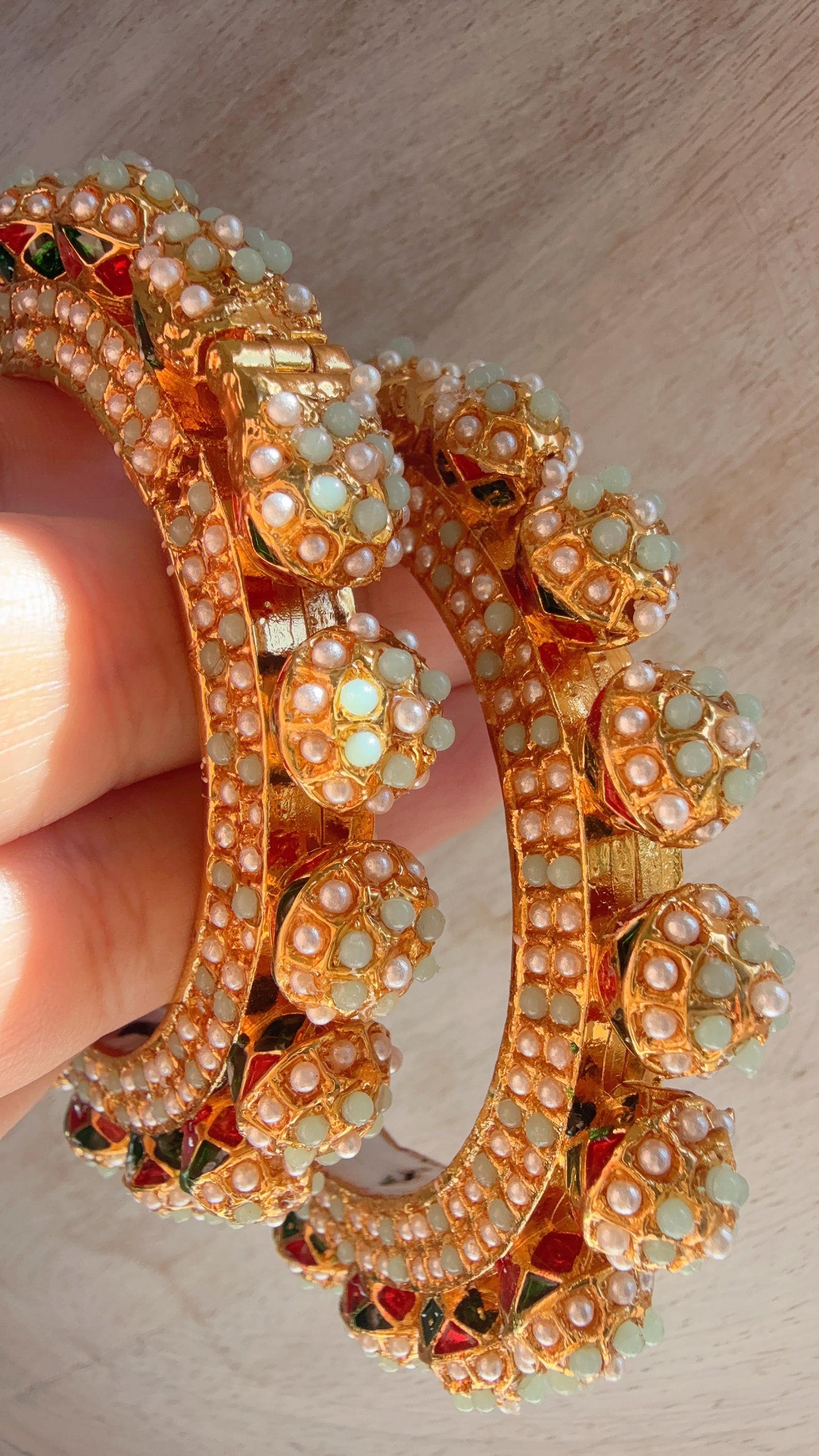 Mint Pearl Rajwadi Pachali Kada Pair | Gold Kundan Bridal Bangles | Emerald Jadau Rajwadi Kada | Indian Wedding Jewelry | Sold as Pair