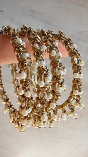 Gold Kundan Pearl Bangles 4 PC/Indian Bangles/Wedding jewelry/Polki