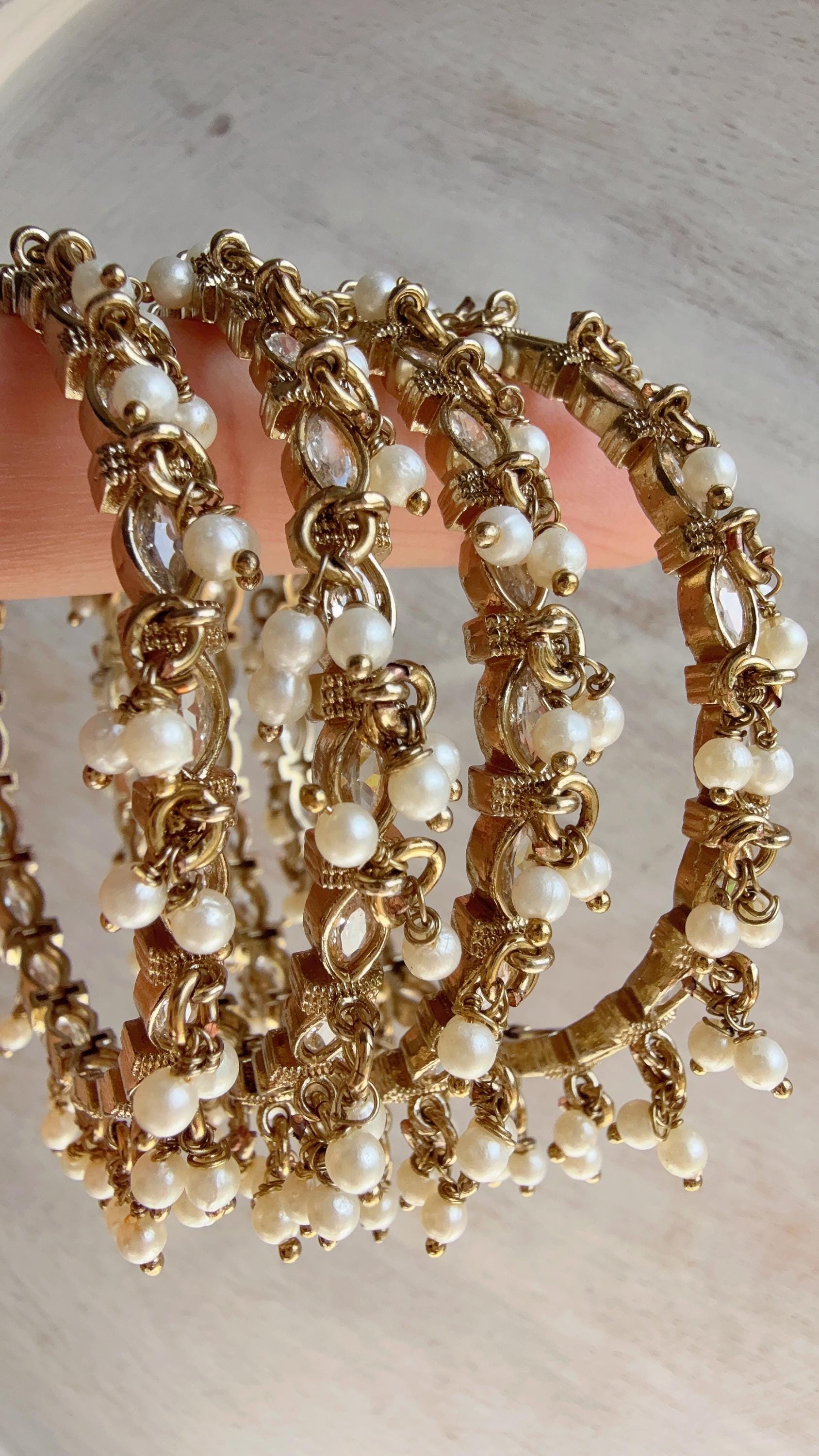 Gold Kundan Pearl Bangles 4 PC/Indian Bangles/Wedding jewelry/Polki