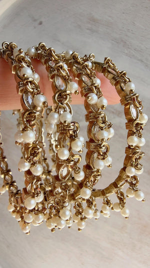 Gold Kundan Pearl Bangles 4 PC/Indian Bangles/Wedding jewelry/Polki
