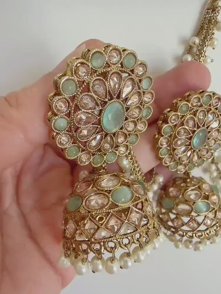 Antique polki Kundan bahubali Mint Earrings Set  With detachable Earchain Sahare /Mint Jhumka Polki Earrings / Indian Jewelry
