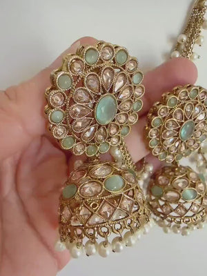 Antique polki Kundan bahubali Mint Earrings Set  With detachable Earchain Sahare /Mint Jhumka Polki Earrings / Indian Jewelry