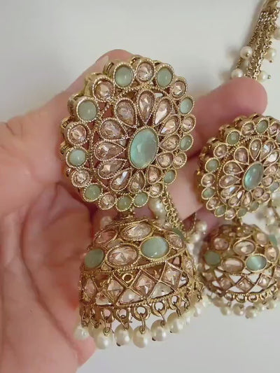 Antique polki Kundan bahubali Mint Earrings Set  With detachable Earchain Sahare /Mint Jhumka Polki Earrings / Indian Jewelry