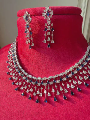 Rain Diamond Necklace  blue sapphire Rhodium plating  /Indian jewelry/ CZ Choker/Bridal choker/Diamond choker/ Indian Necklace