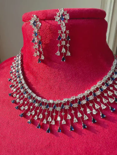 Rain Diamond Necklace  blue sapphire Rhodium plating  /Indian jewelry/ CZ Choker/Bridal choker/Diamond choker/ Indian Necklace