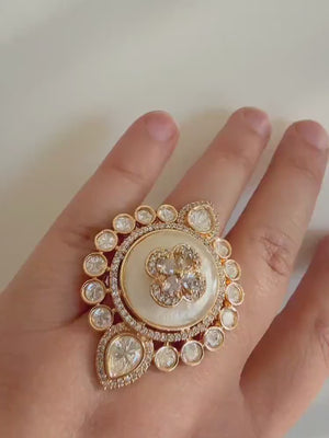 Bridal Kundan Moissanite Gold diamond Ring/Moissanite Mother of Pearl Gold Ring/ Kundan Statement Gold Ring /Indian Wedding jewelry/