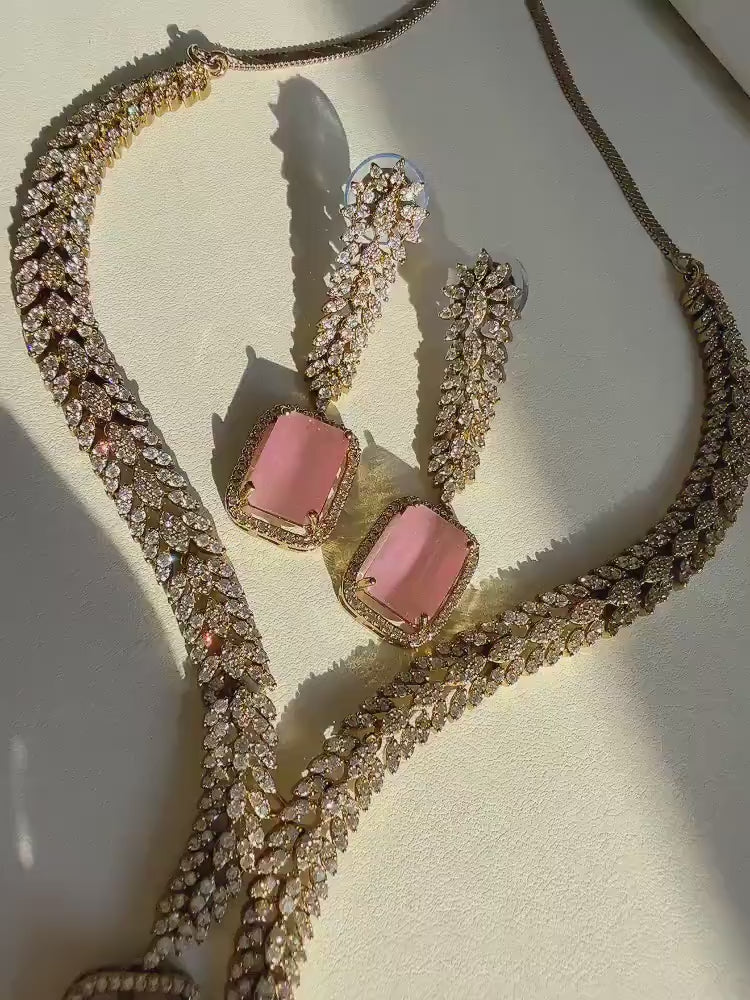 Antique Gold Baby pink diamond Necklace  /Indian jewelry/ CZ Choker/Bridal choker/ Indian Necklace/Antique jewelry