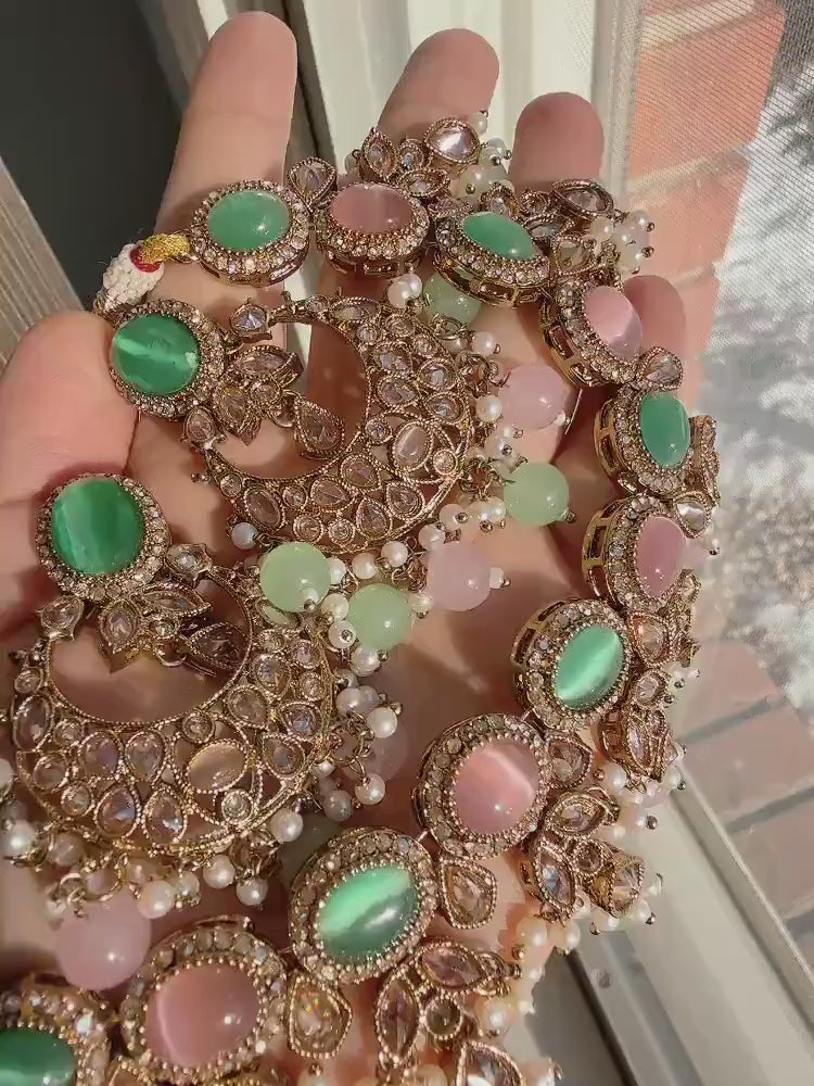 Antique Mint Pink kundan  Polki Kundan  necklace  Set Chandbali and Tikka  /bridal necklace/Indian wedding jewelry/Bridal necklace set/