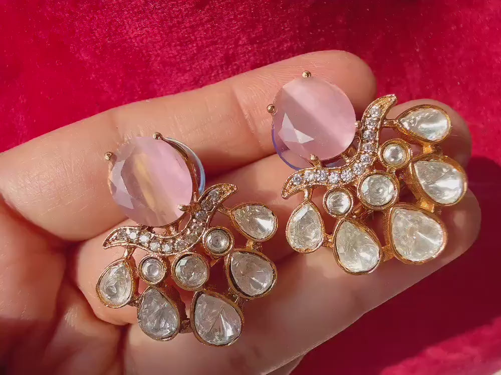 Baby pink doublet Stone stud Earrings/Moissanite  diamond Kundan Studs /Indian Jewelry /Statement Stud Earring/