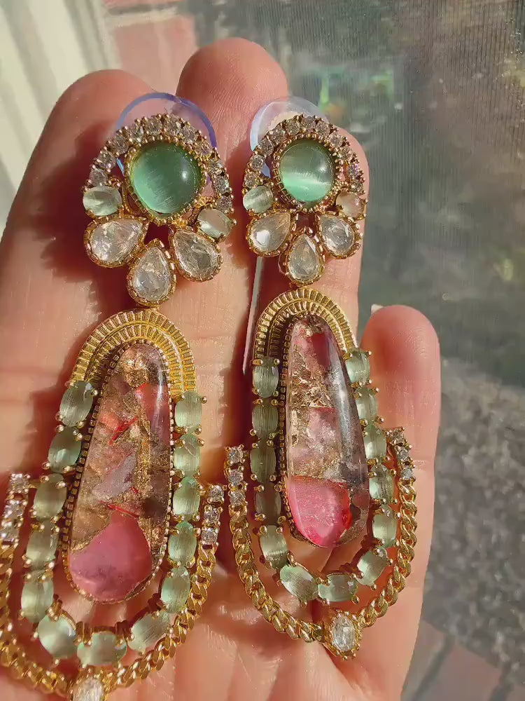 Sabyasachi-Inspired Moissanite Mint Pink and Black Earrings/Elegant Statement Jewelry/ Moissanite Multi Earrings/Bridal Diamond earrings