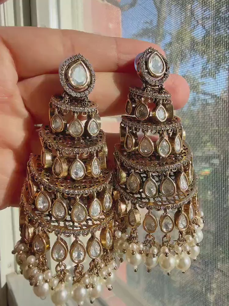 Sabyasachi-Inspired Gold Luxurious Moissanite Chandelier Earrings/Statement Jewelry Moissanite jhumka Earrings/Bridal Diamond earrings