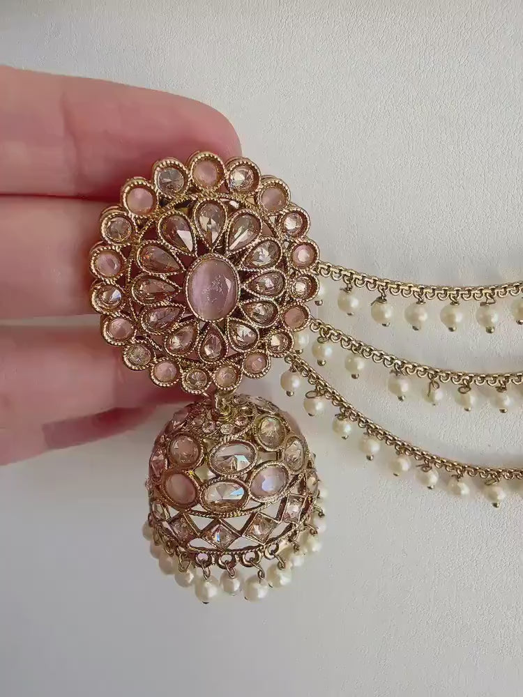 Antique polki Kundan bahubali Baby pink  Earrings Set  With detachable Earchain Sahare /baby pink Jhumka Polki Earrings / Indian Jewelry
