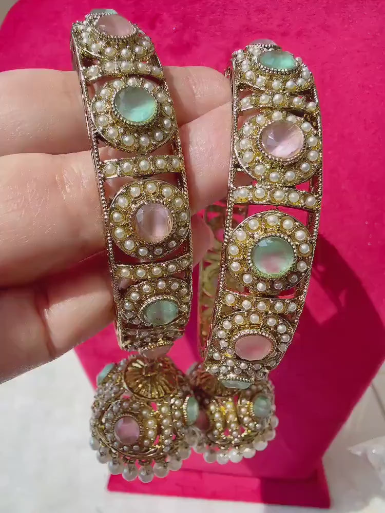 Antique polki kundan Mint baby pink jhumka kada pair / kada Bangle set/ Wedding Bangles/Mix n Match bangles/Indian jewelry