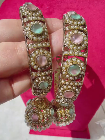 Antique polki kundan Mint baby pink jhumka kada pair / kada Bangle set/ Wedding Bangles/Mix n Match bangles/Indian jewelry
