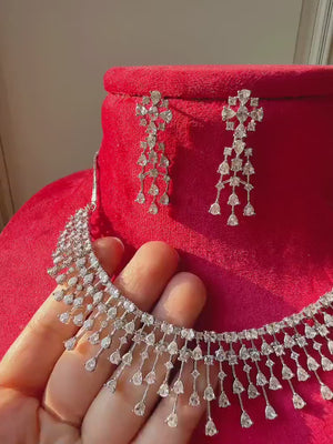 Rain Diamond Necklace Rhodium plating  /Indian jewelry/ CZ Choker/Bridal choker/Diamond choker/ Indian Necklace/Silver diamond choker