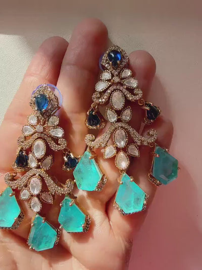 Sabyasachi-Inspired Moissanite Turquoise blue  kundan Earrings/doublet stone Sky blue Moissanite Earrings/Bridal Diamond earrings