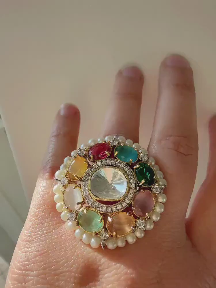 Kundan Navratan cocktail Ring/Adjustable Ring/ Indian Ring/ Indian Jewelry/Indian Wedding jewelry/Multi Color Navratan Stone Kundan Ring
