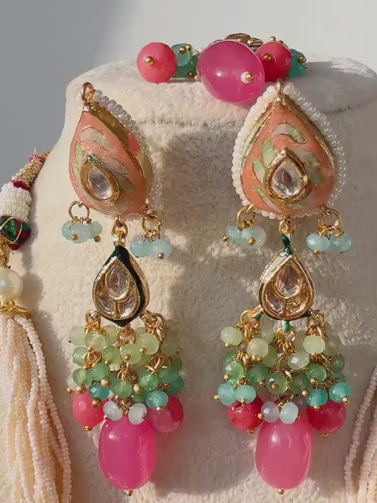Uncut Polki Diamond Choker Moissanite Polki Necklace Sabyasachi inspired Jewelry Set/Polki Kundan Mint pink  Necklace with earrings Tikka