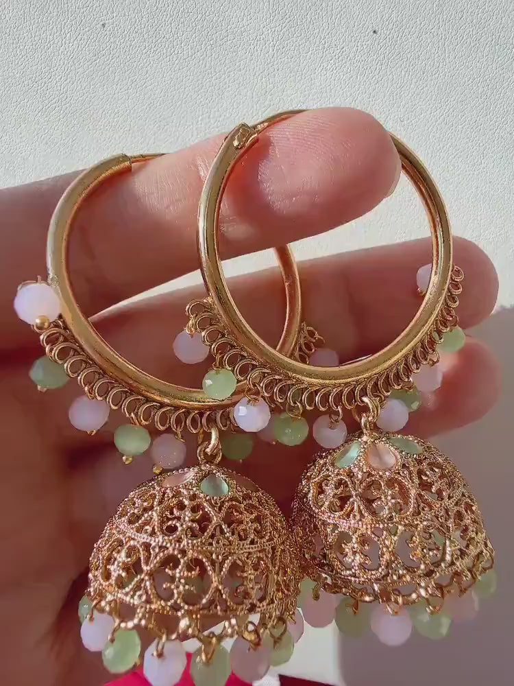 Kundan Polki hoops Mint pink Earrings Punjabi Bali Hoops /Indian Earrings/Indian Wedding Sangeet Jewelry /Kundan Jhumka /Bridesmaid Jewelry