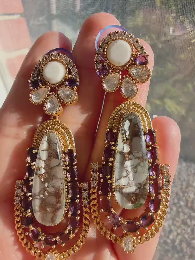 Sabyasachi-Inspired Moissanite Mother of Pearl & Purple Earrings/Elegant Statement Jewelry/ Moissanite Multi Earrings/Bridal Diamond earring