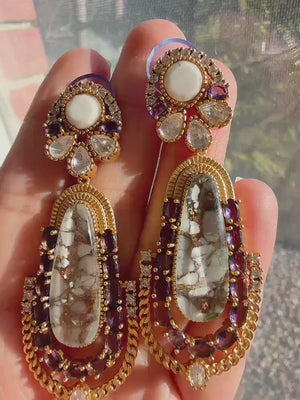 Sabyasachi-Inspired Moissanite Mother of Pearl & Purple Earrings/Elegant Statement Jewelry/ Moissanite Multi Earrings/Bridal Diamond earring
