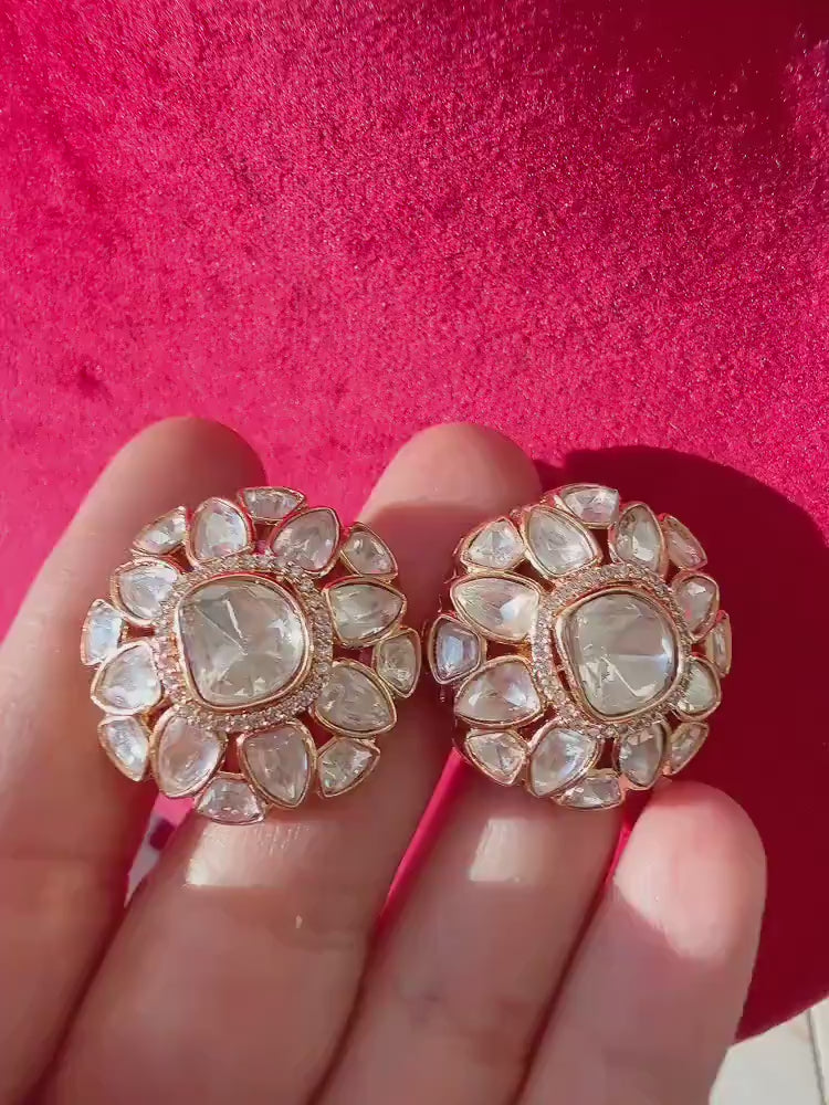 Gold  Moissanite  diamond next to real Kundan Studs /Indian Jewelry /Statement Stud Earring/Kundan Stud Earrings/Cz Studs/Diamond gold tops