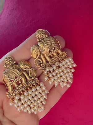 Rajwadi finish  Traditional Elephant Pearl Earrings/pearls  Jhumkas /Indian wedding/Kundan Jhumka/ gold jhumka