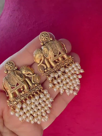Rajwadi finish  Traditional Elephant Pearl Earrings/pearls  Jhumkas /Indian wedding/Kundan Jhumka/ gold jhumka